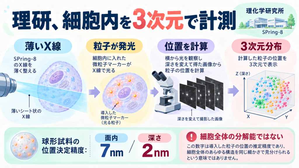 理研のX線ライトシート研究。薄いX線→マーカー発光→画像から位置計算→3次元分布。球形試料の位置決定精度は面内7nm・深さ2nm。細胞全構造の分解能ではない。