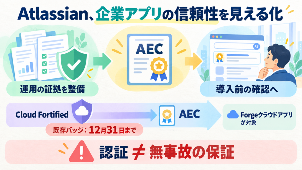 AtlassianがAECを開始。資料と認証バッジで企業のアプリ選定を支援。適格なForgeクラウドアプリが対象。Cloud Fortified既存バッジは12月31日まで。認証は無事故の保証ではない。