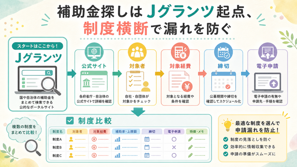 補助金探しはJグランツ起点、制度横断で漏れを防ぐの図解