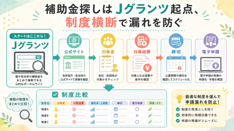 補助金探しはJグランツ起点、制度横断で漏れを防ぐの図解
