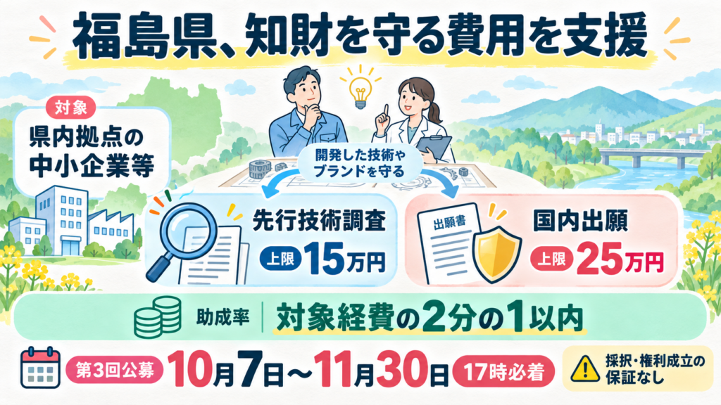 福島県の特許等調査・出願経費助成、第3回。県内拠点の中小企業等。10月7日〜11月30日17時必着。2分の1以内、調査15万円・出願25万円上限。採択や権利成立の保証なし。
