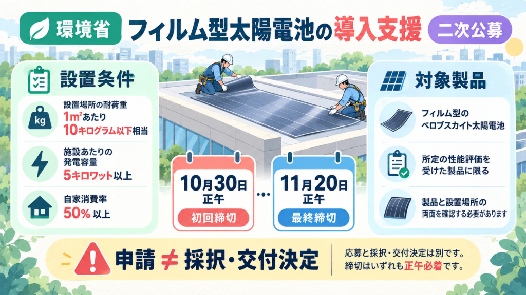 環境省のフィルム型ペロブスカイト導入二次公募。10月15日開始、10月30日正午初回締切、11月20日正午最終締切。設置条件と対象製品を確認、申請は採択保証ではない。