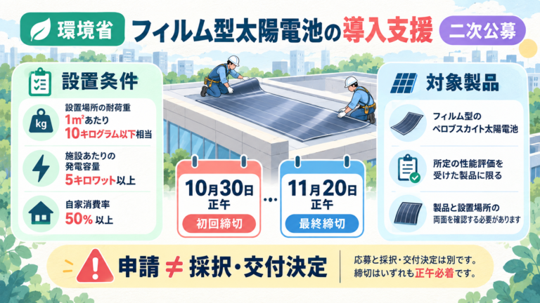 環境省のフィルム型ペロブスカイト導入二次公募。10月15日開始、10月30日正午初回締切、11月20日正午最終締切。設置条件と対象製品を確認、申請は採択保証ではない。