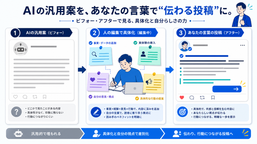 AIのSNS投稿下書きを自分の言葉へ直す実例