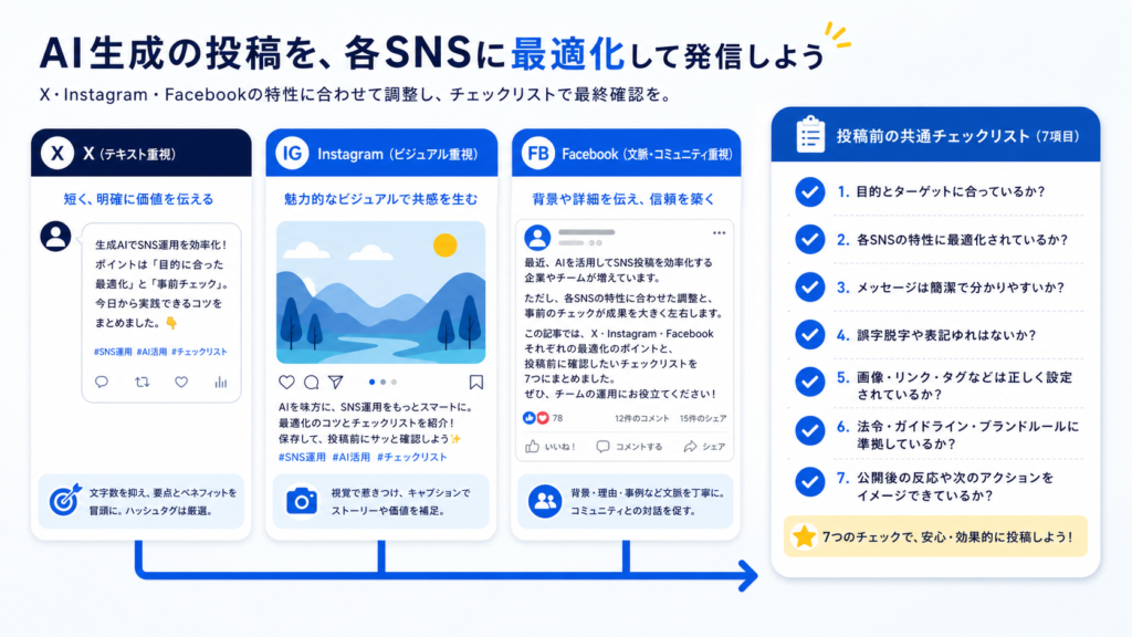 X・Instagram・Facebook向けにSNS投稿を調整する