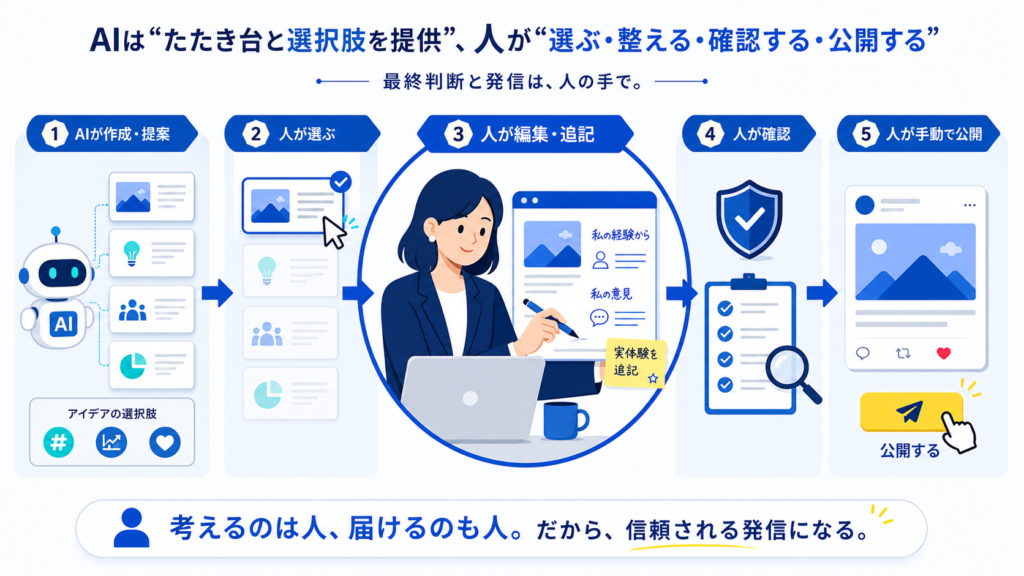 AIのSNS投稿作成を下書きと人の公開判断に分けるまとめ
