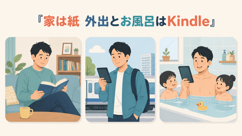 家では紙、外出とお風呂ではKindleを使う