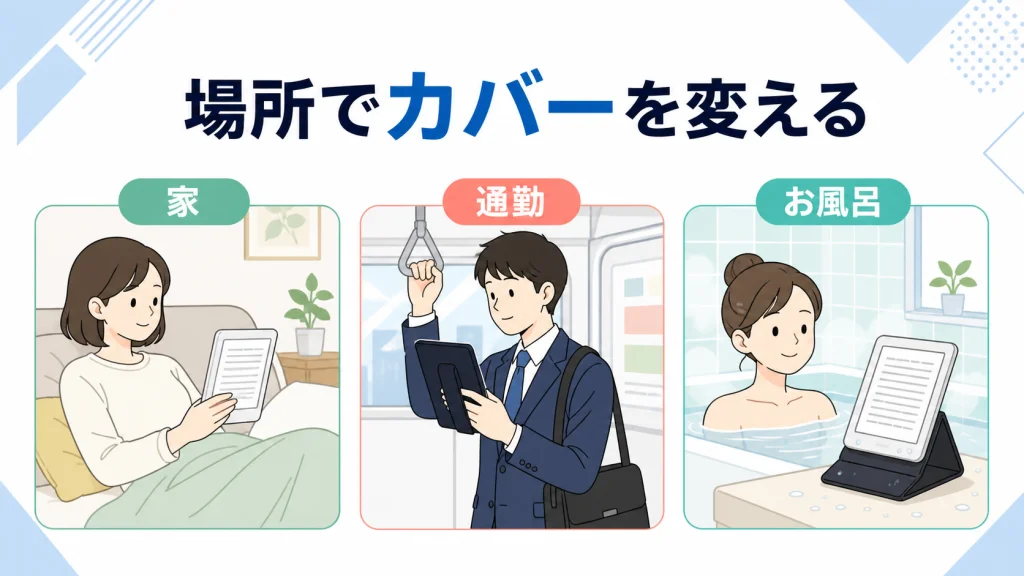 家・通勤・お風呂でKindleカバーを使い分ける図解