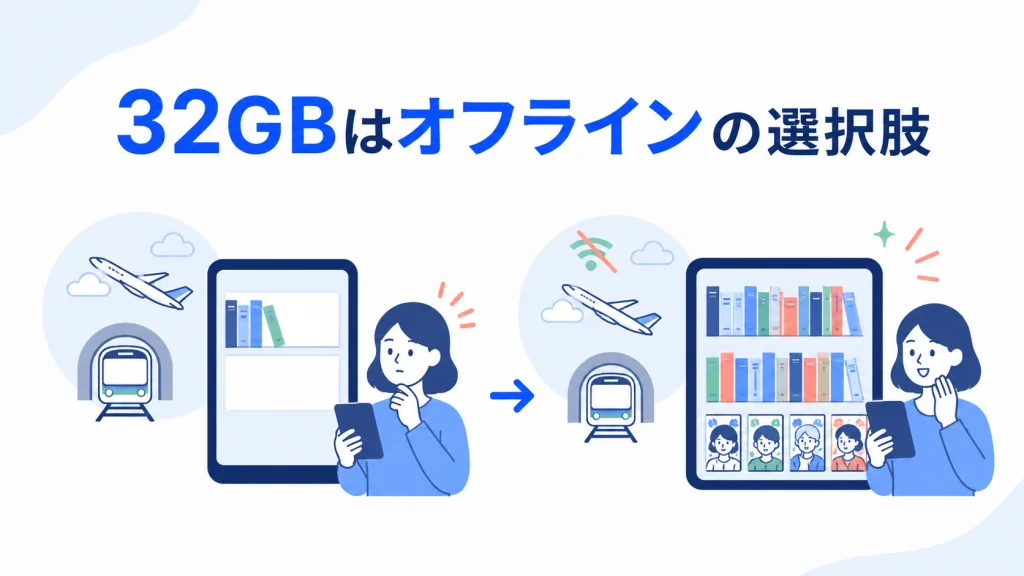16GBと32GBで増えるオフラインの選択肢を示す図解