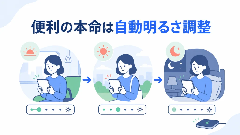 ワイヤレス充電より明るさ自動調整の価値を示す図解