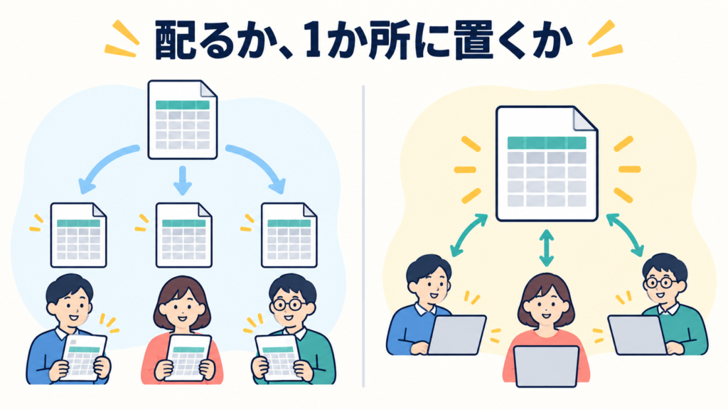 違いを一言でいうと「配るか、1か所に置くか」
